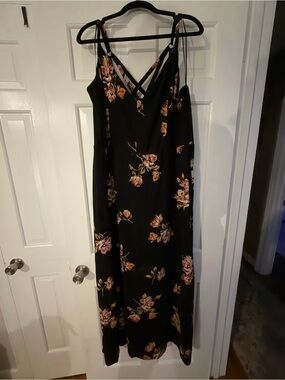 Black Floral Maxi Slip Dress with Crisscross Straps